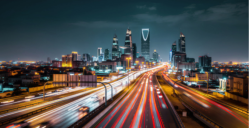 Modern Saudi city skyline and illuminated roads